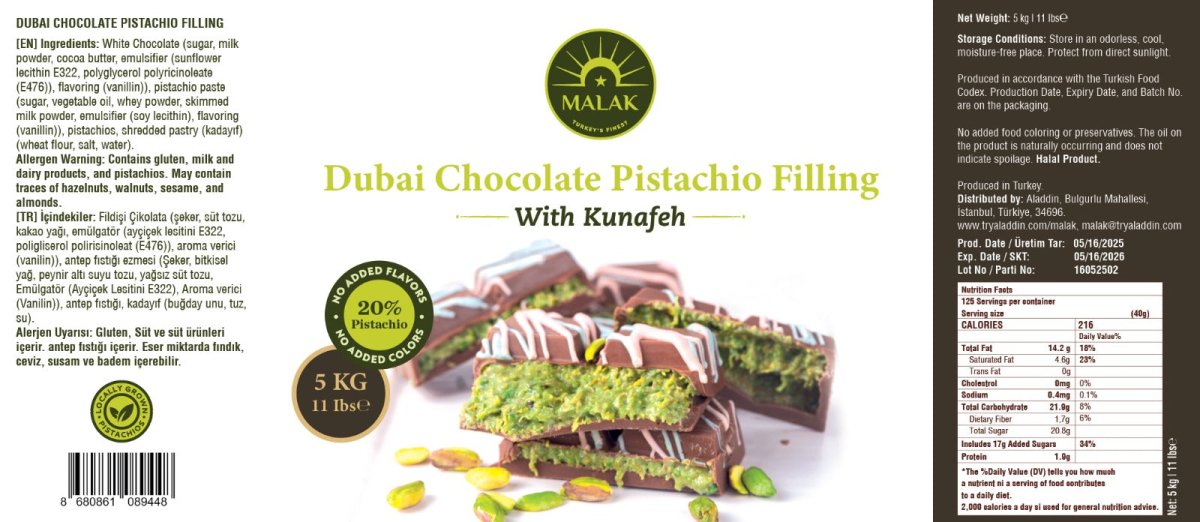 Malak Dubai Chocolate Pistachio Filling with with Kunafeh - 20% Pistachio - TryAladdin
