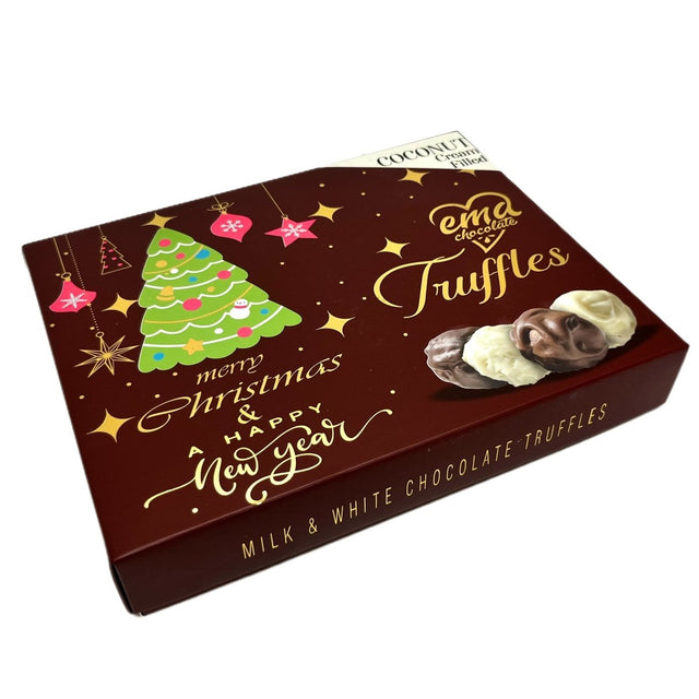 Ema Chocolate Milk and White Chocolate Truffles with Coconut Cream Filled - Merry Christmas Box - 250g - TryAladdin
