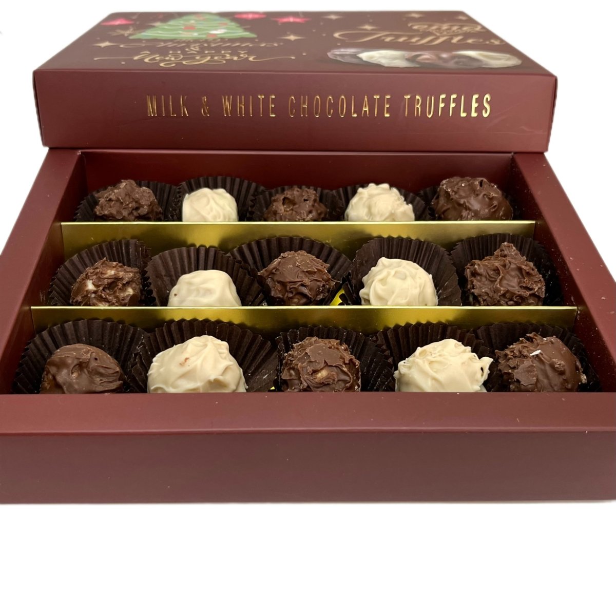 Ema Chocolate Milk and White Chocolate Truffles with Hazelnut Cream Filled - Merry Christmas Box - 250g - TryAladdin