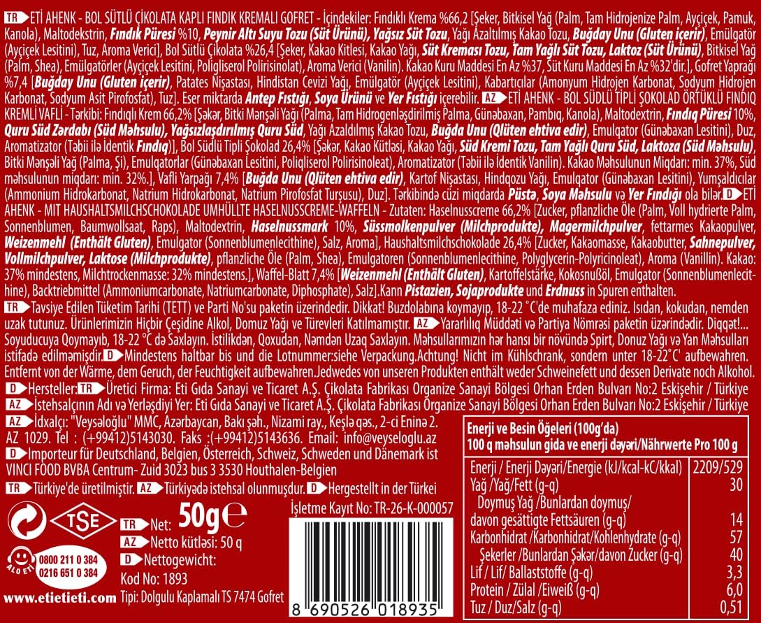 Eti Ahenk Gurme Chocolate Covered Hazelnut Cream Wafer - 50g - TryAladdin