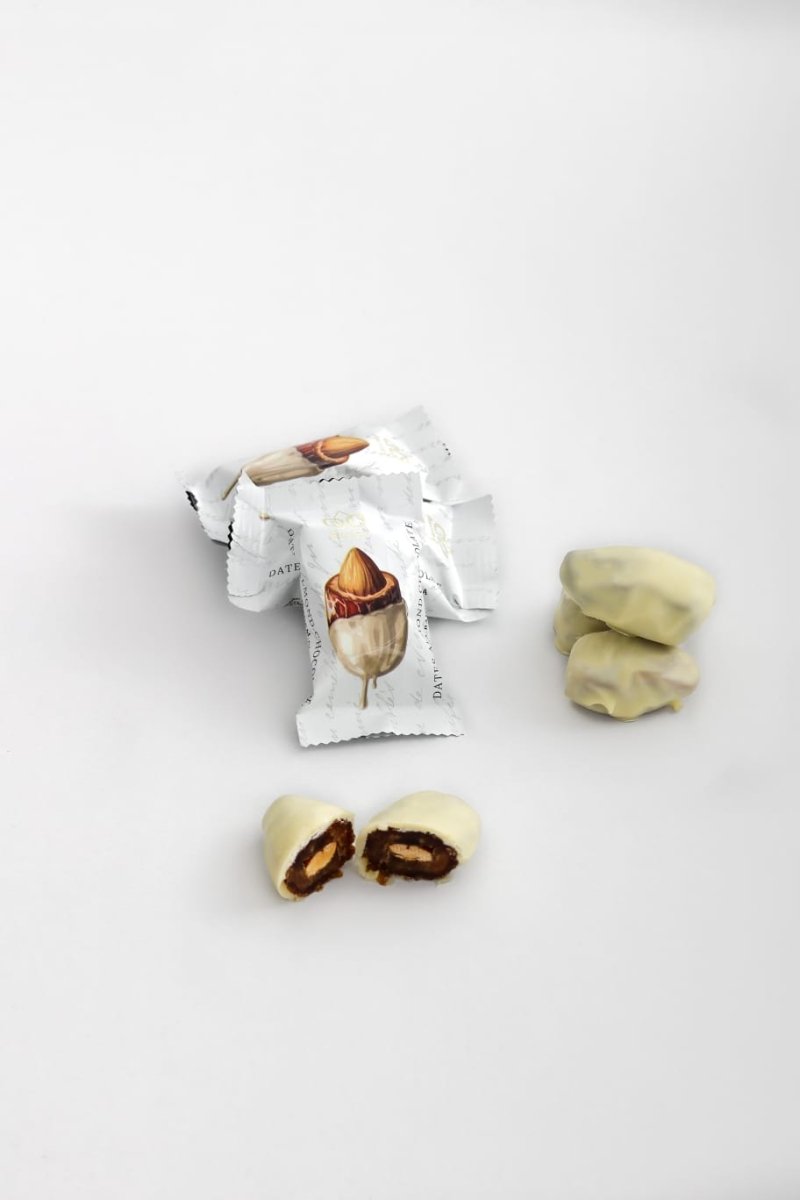 Huries Premium Almond - Stuffed White Chocolate Dates - 200g Tube - TryAladdin