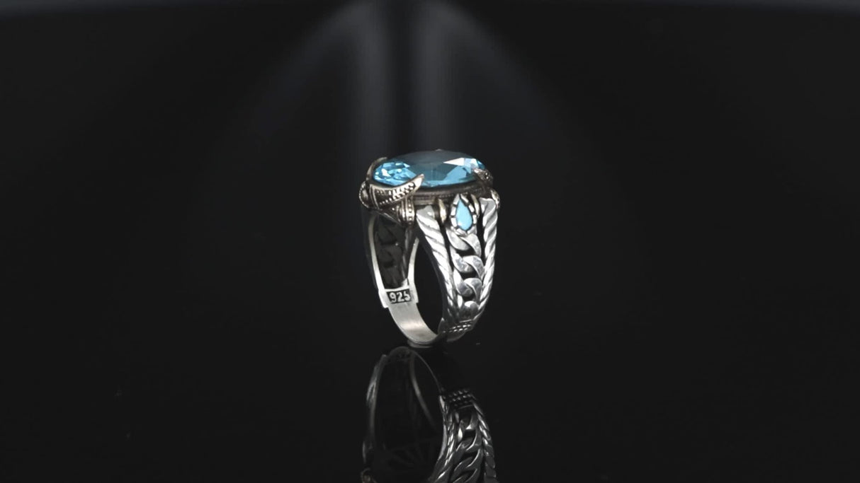 Tesbihevim | Anello da uomo in argento della serie Chain con pietra di topazio blu
